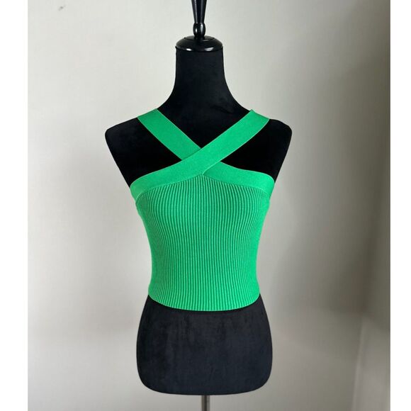 NWOT BABATON Women's Kelly Green Sculpt Knit Criss Cross Cropped Tank Size S - Picture 1 of 9